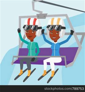 Two happy women sitting on ski elevator in winter mountains. Skiers using cableway at ski resort. Skiers on cableway in mountains at winter sport resort. Vector flat design illustration. Square layout. Two happy skiers using cableway at ski resort.