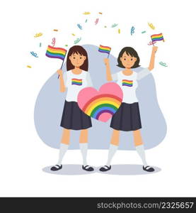 Two happy young woman hold signs with lgbt rainbow and transgender flag ,celebrate pride month ,human rights. Equality and homosexuality.Flat vector cartoon character illustration.