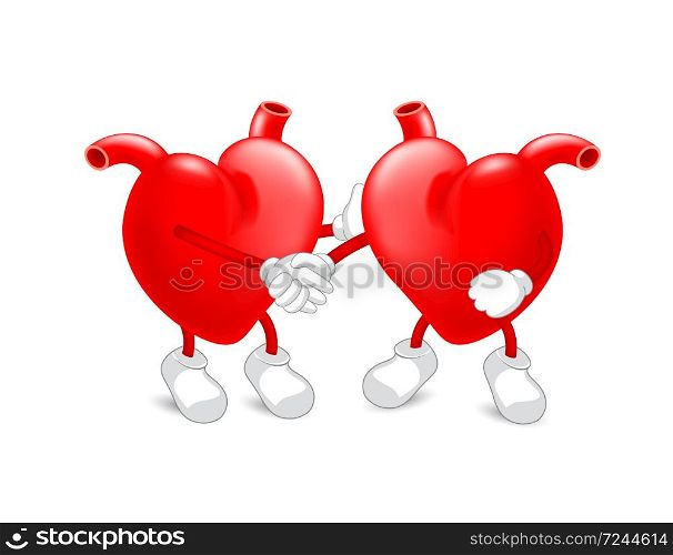 Two hearts character hand shake. symbol of harmony. Contract, cooperation and teamwork concept. Vector illustration isolated on white background.
