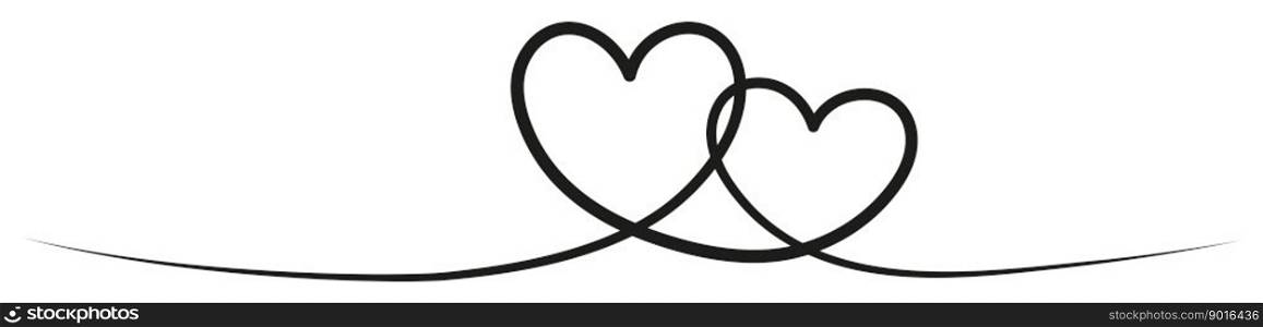 Two hearts continuous one line art. Double heart wavy sketch line. Vector hand drawn illustration isolated on white.. Two hearts continuous one line art. Double heart wavy sketch line.