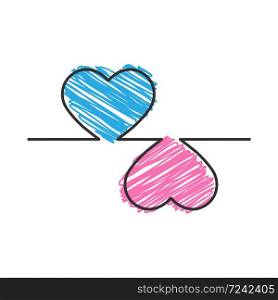 Two hearts in a Doodle style. Contour vector illustration isolated on a white background