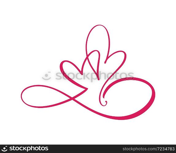 Two hearts love logo with Infinity sign. Design flourish element for valentine card. Vector illustration. Romantic symbol wedding. Template for t shirt, banner, poster.. Two hearts love logo with Infinity sign. Design flourish element for valentine card. Vector illustration. Romantic symbol wedding. Template for t shirt, banner, poster