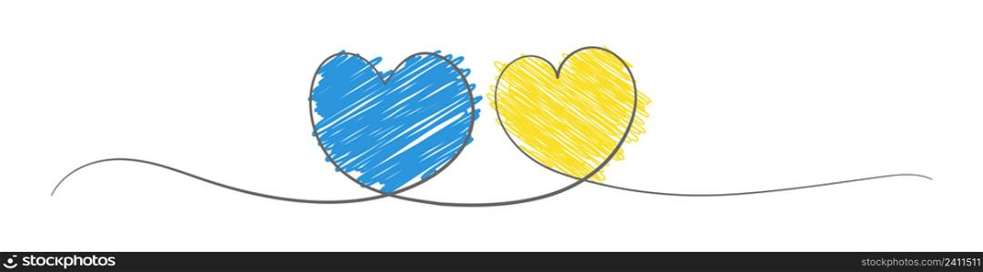 Two hearts of blue and yellow. Two hearts are connected by one line in the colors of the flag of Ukraine.