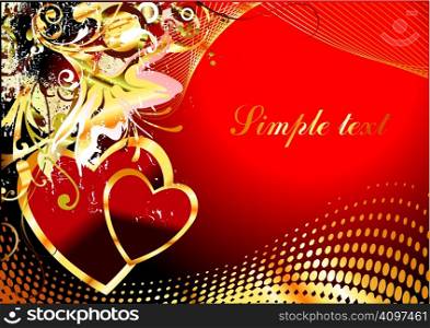 Two hearts on a red background with a geometrical ornamen