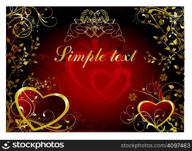 Two hearts on a red background with a vegetative ornament and cupids