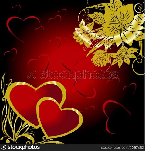 Two hearts on a red background with gold colours