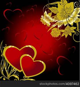 Two hearts on a red background with gold colours
