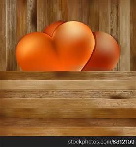 Two hearts on brown wooden background. + EPS8 vector file