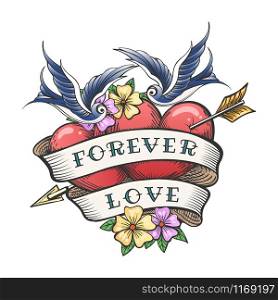 Two Hearts Pierced By Arrow with hand made Lettering Together Forever. Tattoo Hearts With Flower And Flying Swallow. Vector illustration.