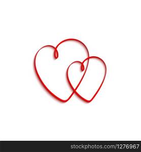 Two hearts. Red hearts with shadow, isolated on white background. Heart vector icon. Love concept. Valentines day. Vector illustration