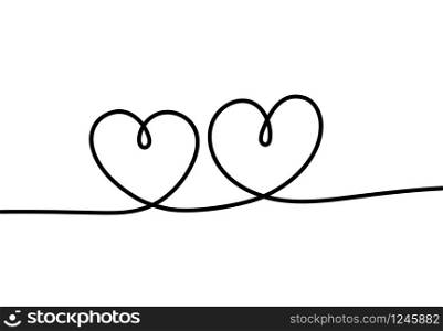 Two hearts. Romantic continuous one line drawing connecting two hearts, love valentine sign, tattoo art minimalist design vector sketch concept. Two hearts. Romantic continuous one line drawing connecting two hearts, love valentine sign, tattoo art minimalist design vector concept