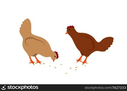 Two hens eating seeds vector icons in cartoon style. Pale domestic birds with wings, tails and red crest isolated on white, simple design for kid book. Hens Eating Seeds Vector Set in Cartoon Style