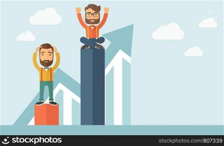 Two hipster Caucasian businessmen with beard. Man on top is happy while sitting and man in bottom is sad while standing. Rivalry concept. A contemporary style with pastel palette soft blue tinted background with desaturated clouds. Vector flat design illustration. Horizontal layout with text space in right side.. Two businessmen with one happy and the other sad.