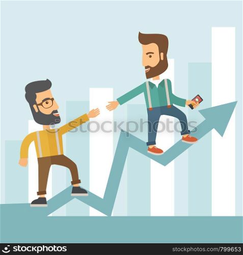 Two hipster Caucasian businessmen with beard standing working together to reach their quota in sales with the arrow up showing that they are successful. Teamwork concept. A contemporary style with pastel palette soft blue tinted background. Vector flat design illustration. Square layout.. Business man and positive graph