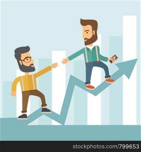 Two hipster Caucasian businessmen with beard standing working together to reach their quota in sales with the arrow up showing that they are successful. Teamwork concept. A contemporary style with pastel palette soft blue tinted background. Vector flat design illustration. Square layout.. Business man and positive graph