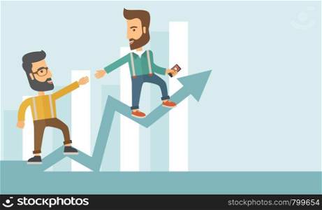 Two hipster Caucasian businessmen with beard standing working together to reach their quota in sales with the arrow up showing that they are successful. Teamwork concept. A contemporary style with pastel palette soft blue tinted background. Vector flat design illustration. Horizontal layout with text space in right side.. Business man and positive graph