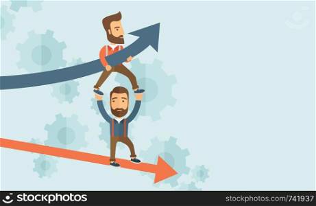 Two hipster Caucasian businessmen with beard with red and blue arrow. Blue is for success and red is for failure in business. Team building. A contemporary style with pastel palette soft blue tinted background. Vector flat design illustration. Horizontal layout with text space in right side.. Blue growing successful business graph and businessmen