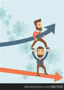 Two hipster Caucasian businessmen with beard with red and blue arrow. Blue is for success and red is for failure in business. Team building. A contemporary style with pastel palette soft blue tinted background. Vector flat design illustration. Vertical layout with text space on top part.. Blue growing successful business graph and businessmen