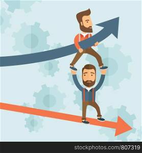 Two hipster Caucasian businessmen with beard with red and blue arrows. Blue is for success and red is for failure in business. Team building. A contemporary style with pastel palette soft blue tinted background. Vector flat design illustration. Square layout. . Blue growing successful business graph and businessmen