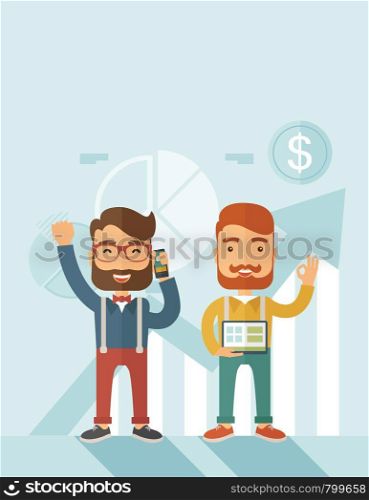 Two hipster Caucasian employees with beard standing happy for the certicate award they received. Winner, happy concept. A contemporary style with pastel palette soft blue tinted background. Vector flat design illustration. Vertical layout with text space on top part.. Outstanding employees received a certificate.