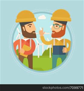 Two hipster workers talking on background of wind turbines. Caucasian workers of wind farm in helmets discussing working affairs. Vector flat design illustration in the circle isolated on background.. Workers of wind farm talking vector illustration.