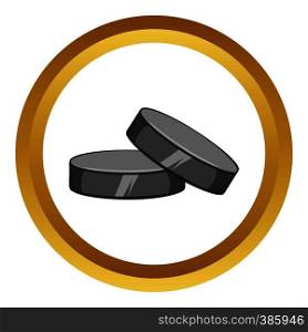 Two hockey pucks vector icon in golden circle, cartoon style isolated on white background. Two hockey pucks vector icon, cartoon style