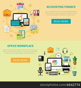 Two Horizontal Banners With Elements Of Office Interior. Two horizontal banners with accounting finance and office workplace design compositions with elements of office interior flat vector illustration