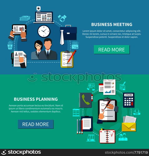 Two horizontal business items banner set with business planning and meeting descriptions vector illustration. Business Banner Set