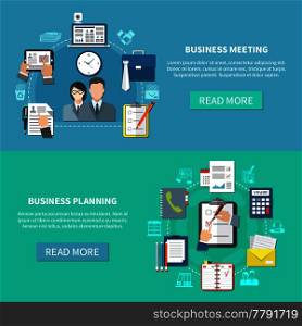 Two horizontal business items banner set with business planning and meeting descriptions vector illustration. Business Banner Set