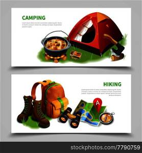 Two horizontal camping realistic flyer set camping and hiking headlines colored and realistic vector illustration. Camping Realistic Flyer Set