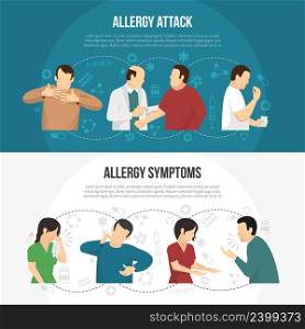Two horizontal colored allergy banner set with allergy attack and allergy symptoms descriptions vector illustration. Allergy Banner Set