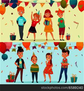 Two horizontal colored kids party banner set with two types of birthday party vector illustration. Kids Party Banner Set
