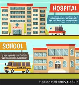 Two horizontal colored orthogonal municipal buildings banner set with hospital and school buildings vector illustration. Colored Municipal Buildings Banner Set