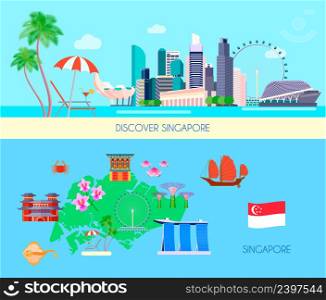 Two horizontal colored Singapore culture banner set with discover Singapore and Singapore headlines vector illustration. Colored Singapore Culture Banner Set