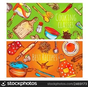 Two horizontal cooking class banners set with cartoon utensil decorative symbols tile with text colorful background vector illustration. Cooking Classes Banners Set