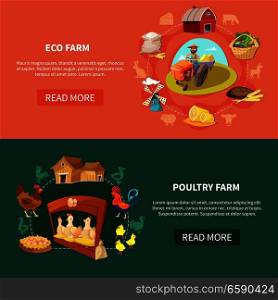 Two horizontal farm cartoon banner set with eco and poultry farm headlines vector illustration. Farm Cartoon Banner Set