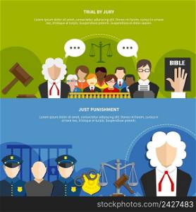 Two horizontal flat law banner set with trial by jury and just punishment headline vector illustration. Flat Law Banner Set