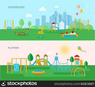 Two horizontal playground banners set with cartoon style flat images of playpark equipment trees and landscape vector illustration. Playground Park Banners Set