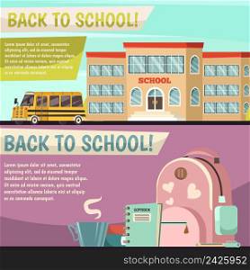 Two horizontal school orthogonal banner set with back to school headline and school tools vector illustration. School Orthogonal Banner Set