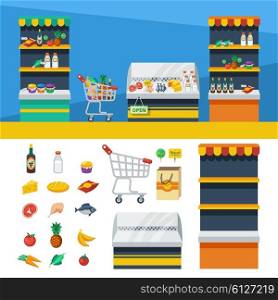 Two Horizontal Supermarket Banners . Two flat horizontal supermarket banners with store shelves shopping cart and natural food icons vector illustration