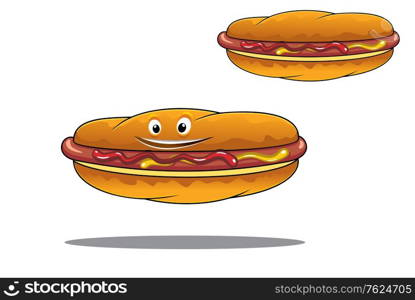 Two hotdogs on crusty rolls seasoned with mustard and ketchup on a grilled sausage, one with a happy face and the other without, fast food or junk food concept design. Two hotdogs with mustard and ketchup