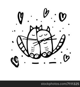Two hug cats with hearts decoration in doodle style. Happy Valentines Day greeting card template. Vector illustration.