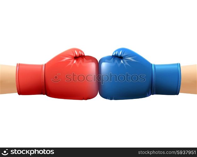 Two human hands in realistic boxing gloves punching vector illustration. Hands In Boxing Gloves