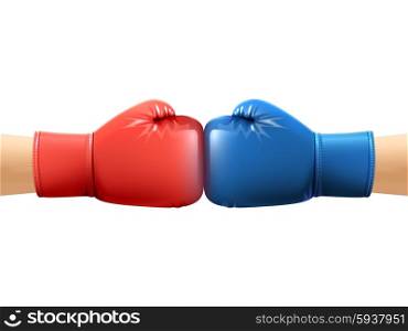 Two human hands in realistic boxing gloves punching vector illustration. Hands In Boxing Gloves