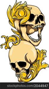 Two Human skull and baroque for tattoo design of illustration