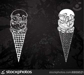 Two ice cream, with a conical waffle horn, with two balls, sprinkled with chocolate syrup, painted with white chalk on a black chalkboard. Drawing with chalk.. Contour ice cream with syrup drawing chalk