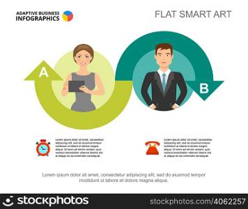 Two ideas process chart template for presentation. Vector illustration. Abstract elements of diagram, graph, infochart. Project, plan, business or training concept for infographic, report.