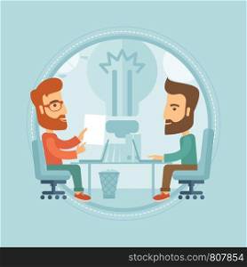 Two inspired hipster businessmen with the beard working together on a new business idea. Concept of successful business idea. Vector flat design illustration in the circle isolated on background.. Successful business idea vector illustration.