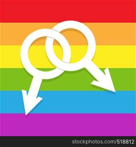 Two intertwined masculine symbols on the background of LGBT colors, gay symbol