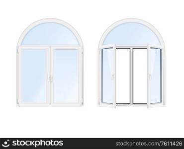 Two isolated and realistic arch windows icon set white open and closed vector illustration